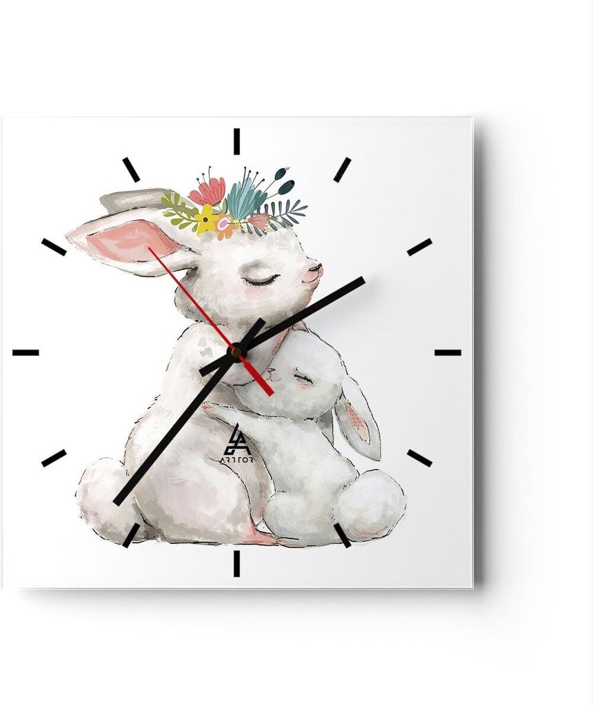 Wanduhr - Quadrat - Glasuhr - Kaninchen Hase Kinder - 30x30cm - Schleichendes Uhrwerk - Lautlos - zum Aufhängen bereit - Dekoration Modern - Wandd...