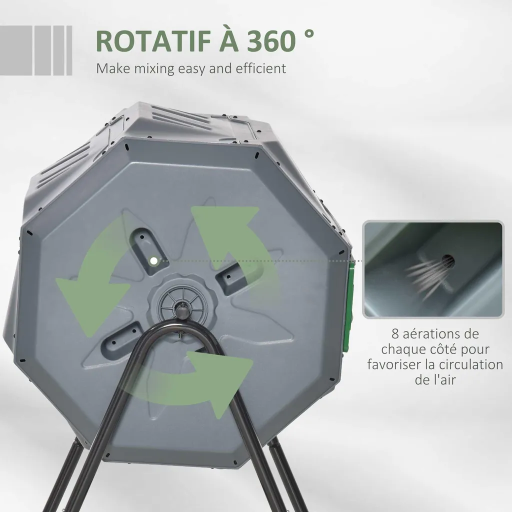 Bac à Compost Rotatif pour Déchets Ménagers avec Double Compartiment 160 L - 7
