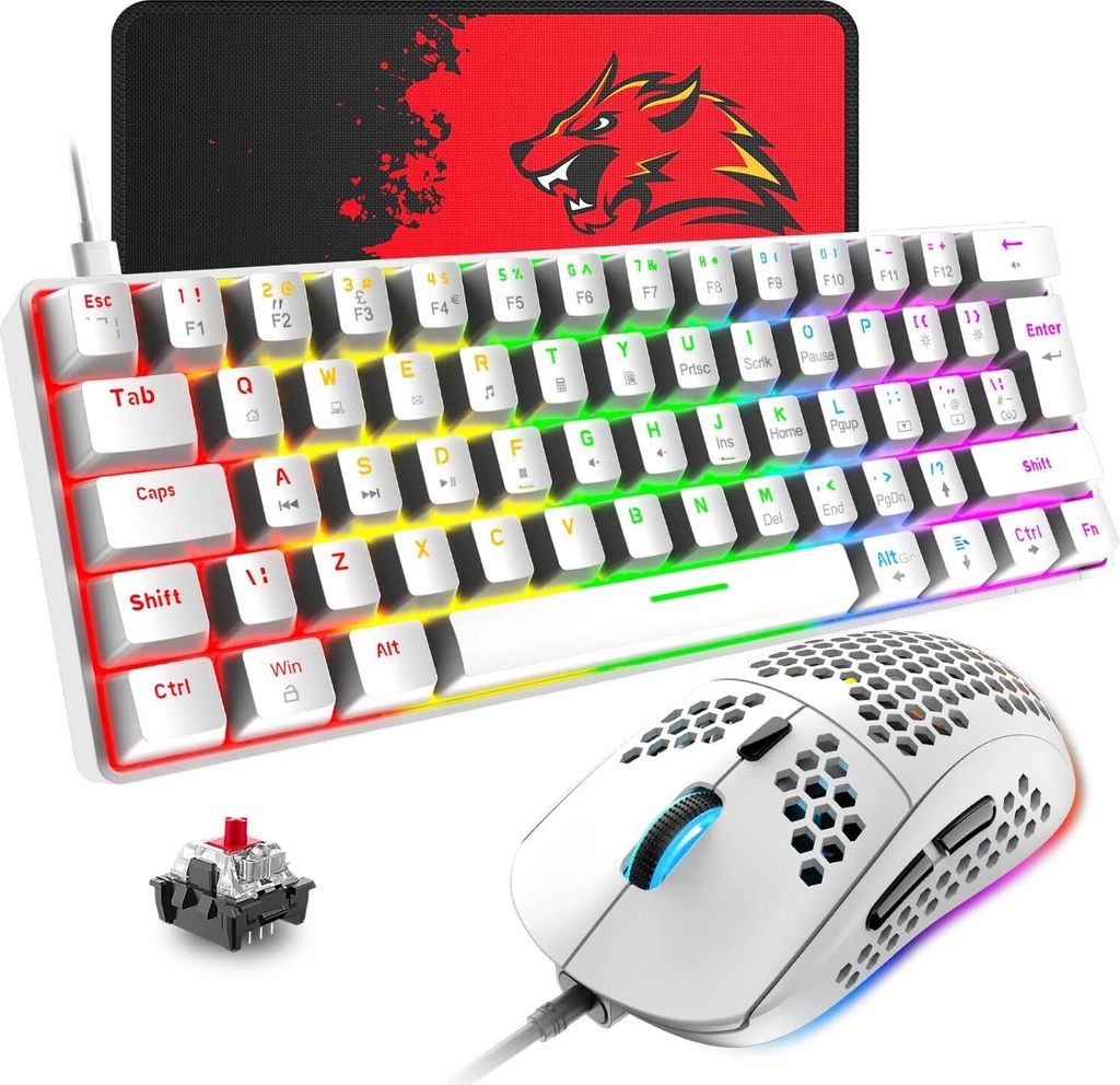 Tastatur-Maus-Sets, Kompakt 62 Tasten, Typ C Wired, 19 Hintergrundbeleuchtung Gaming-Tastatur + 6400 DPI RGB Maus + Mauspad, UK Layout für PC,Laptop