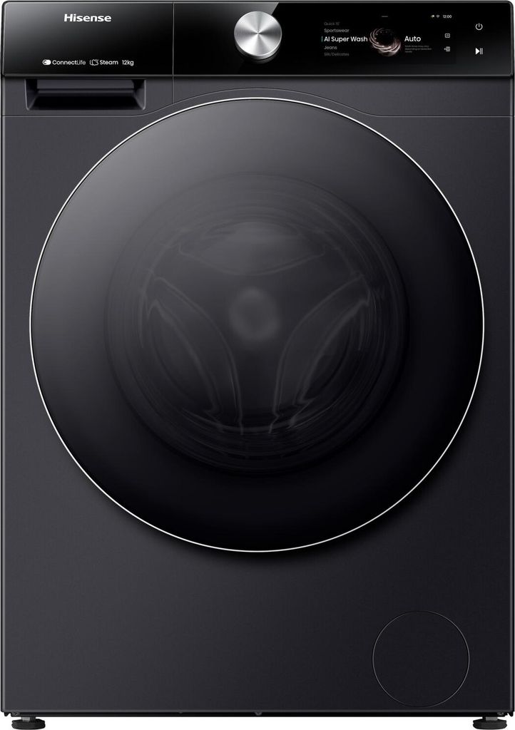 A black Hisense washing machine is shown from the front.