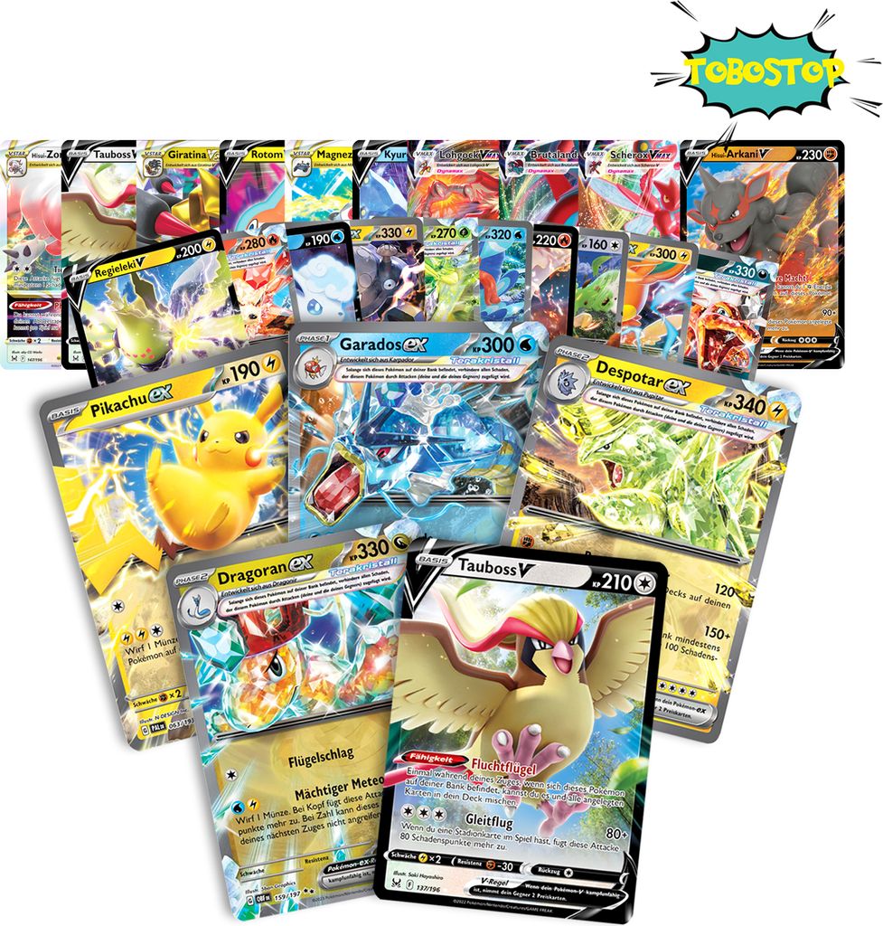 Pokemon Karten - 3 zufällige V/GX/EX/VMAX/Vstar Ultra Rare sehr seltene Karten + 1 Tobostop Versandschutz