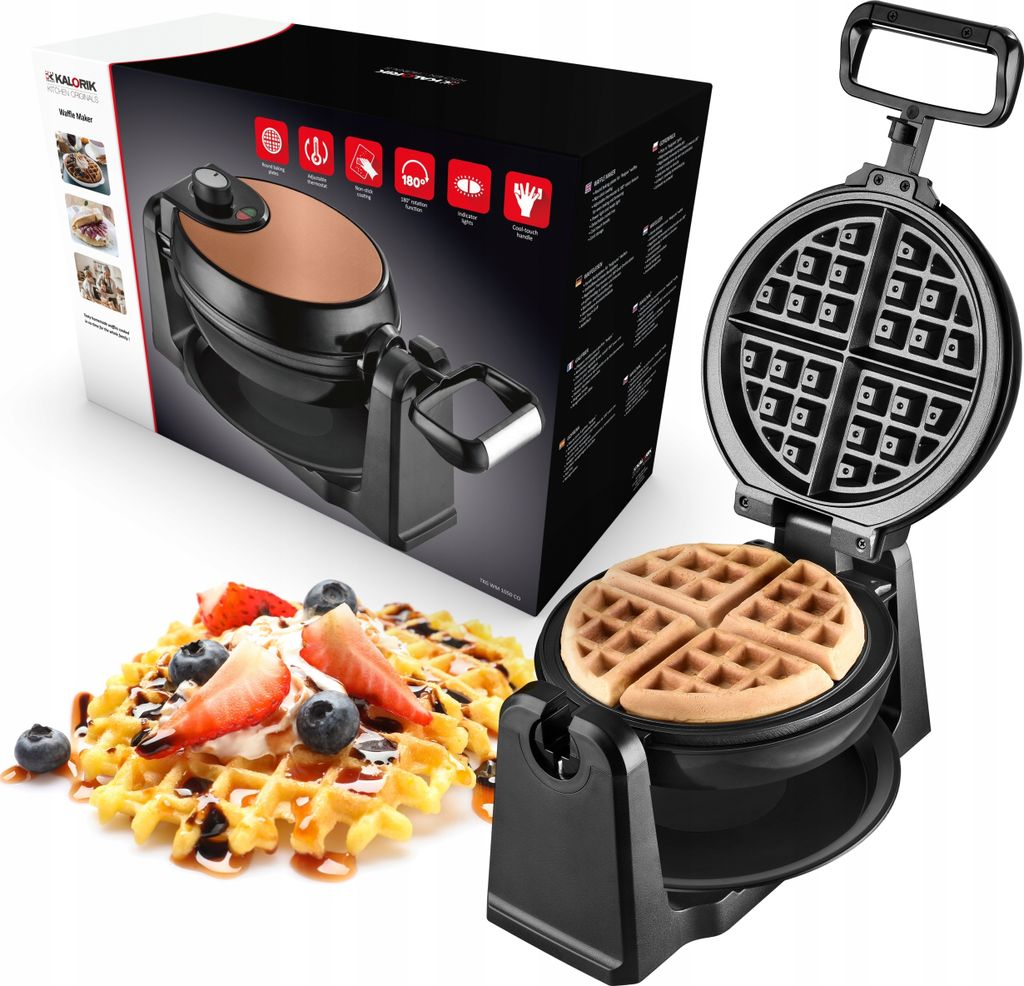 A waffle maker and a box of the waffle maker are shown, along with a plate of waffles.