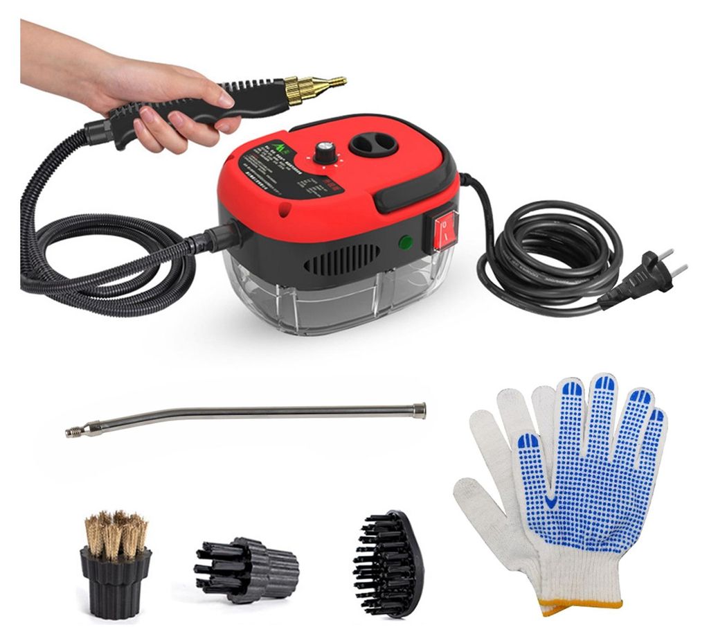 A portable steam cleaner with its accessories, including a hand holding the steam gun, a long nozzle, three brush heads, and a pair of gloves, all arranged on a white background.
