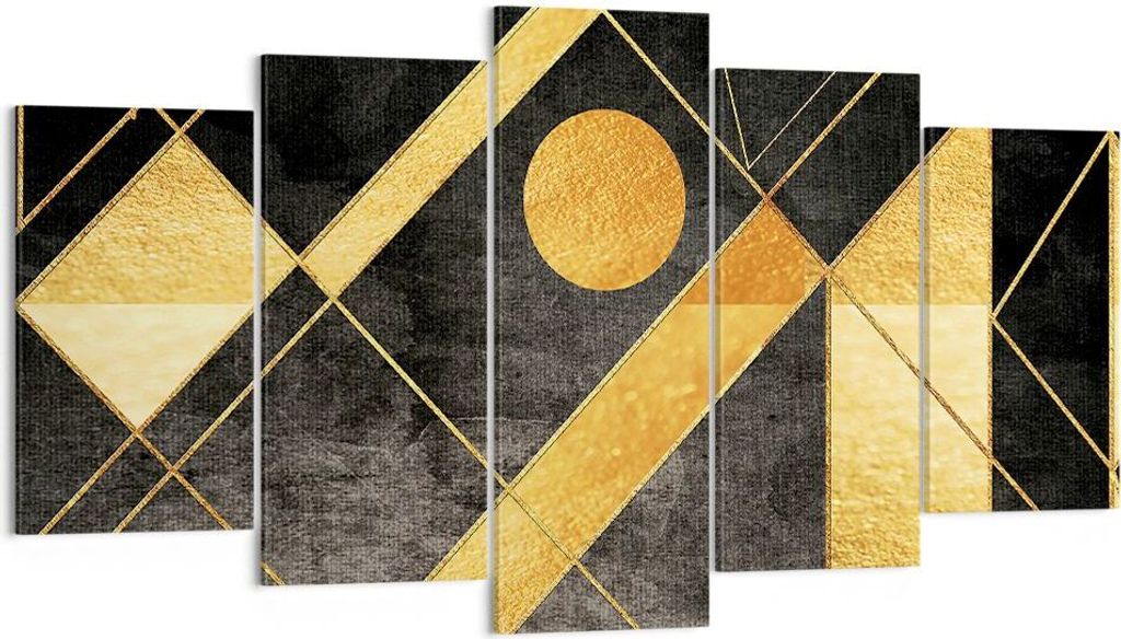Bild auf Leinwand - Leinwandbild - 5 Teile - Golden Schwarz Figuren - 160x85cm - Wand Bild - Wanddeko - Wandbilder - Leinwanddruck - Bilder - Wandd...