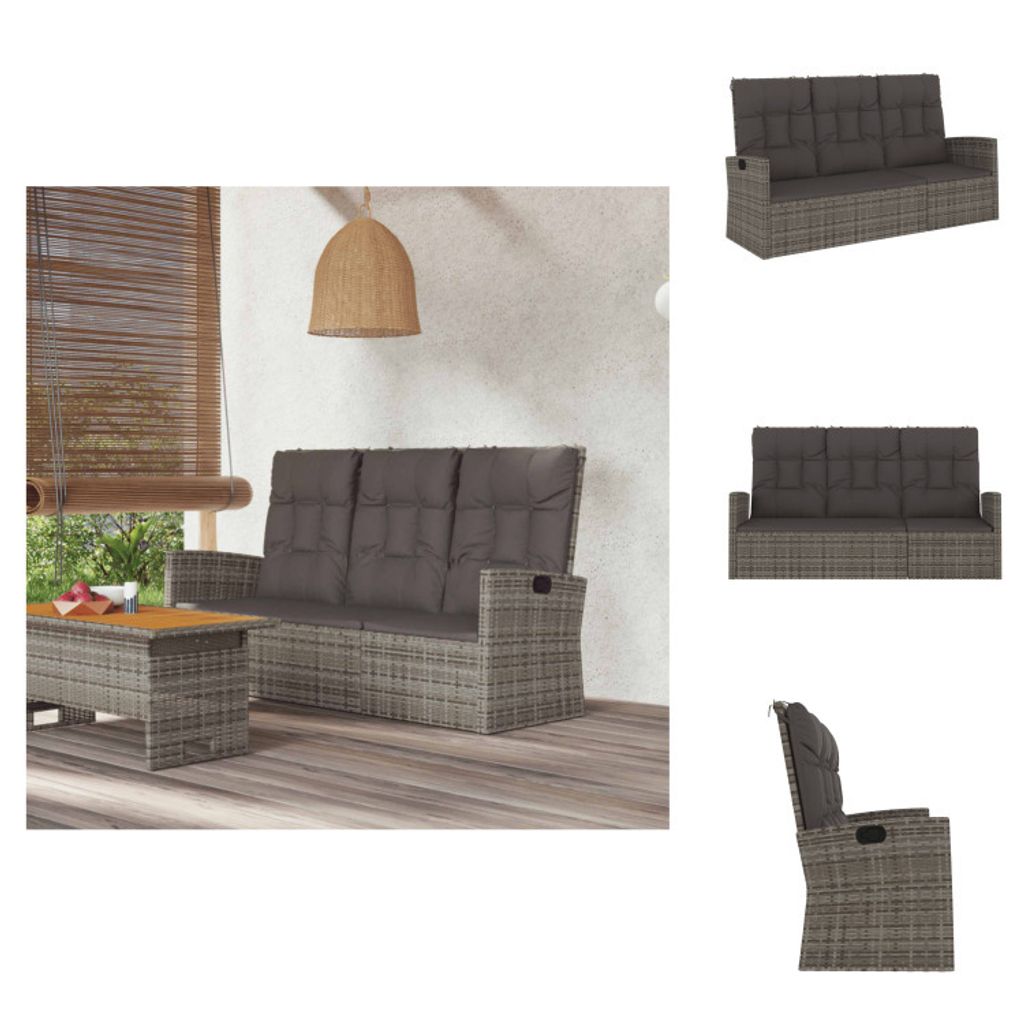 vidaXL Gartenbank mit Liegefunktion & Kissen Grau 173 cm Poly Rattan - Gartenbänke