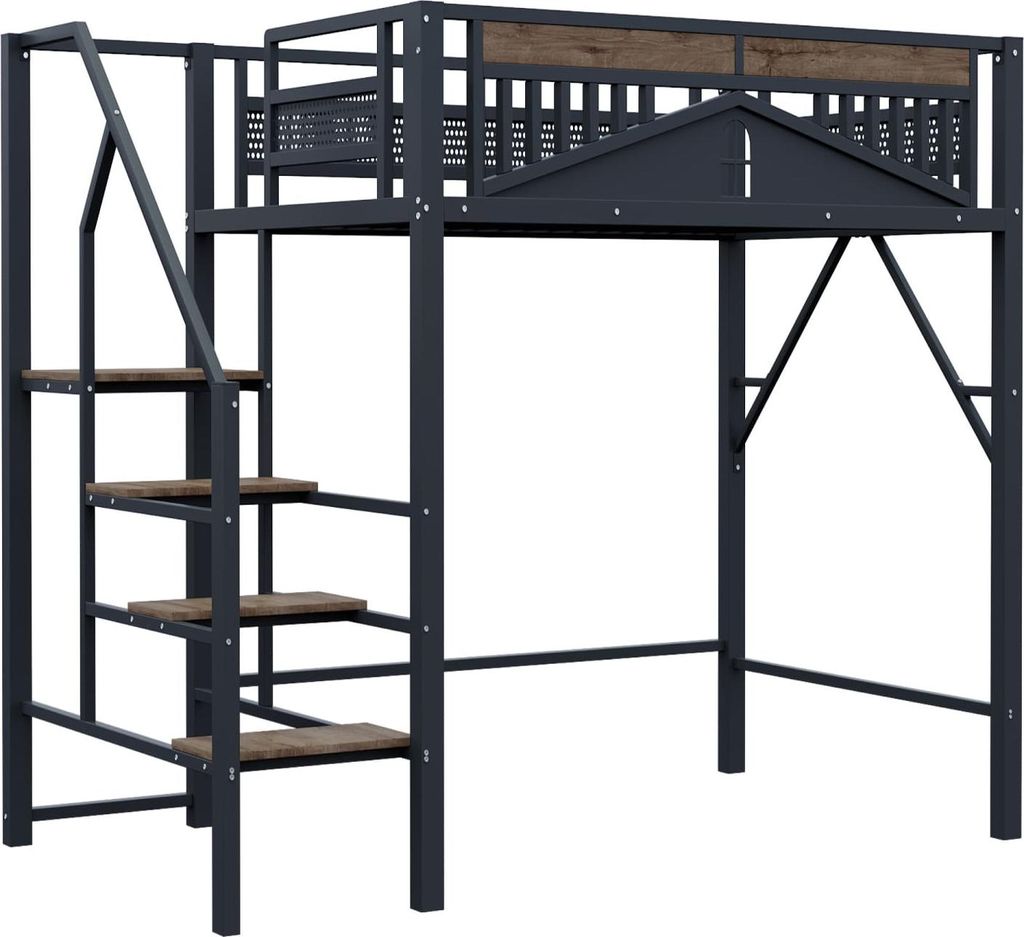 Metall-Hochbett(140 x 200cm,Schwarz)Einzigartige Gehäuseform mit Fensterdesign, Mit Sicherheitsleiter, Viel Stauraum Unter Dem Bett