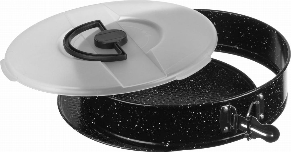 A black springform cake pan with a speckled pattern and a translucent white lid with a black handle.