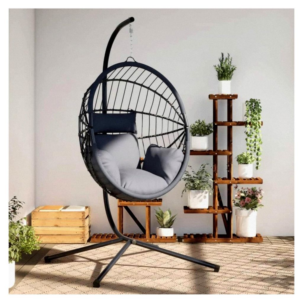Hängesessel im Ei-Design mit Ständer in Grau aus Rattan und Stahl