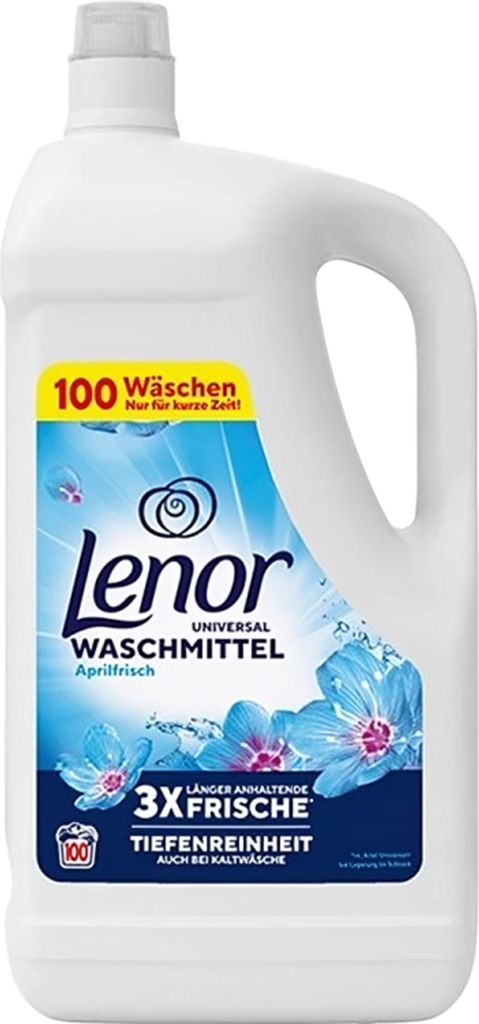 A large white bottle of Lenor liquid laundry detergent with a blue and pink label.