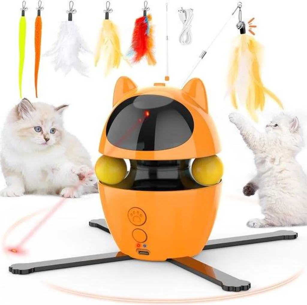 Jouet chat 3 en 1 interactif pour chaton avec plume rotative et USB