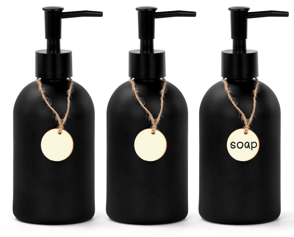Set mit 3 schwarzen Glas-Seifenspendern, 410-ml-Spülmittelspendern, Küchenseifenspendern, nachfüllbaren Shampooflaschen mit Etiketten, nachfüll...