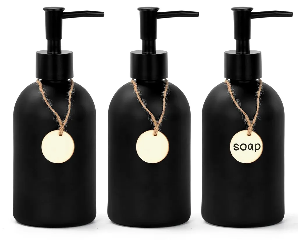 Lot de 3 distributeurs de savon noir en verre avec étiquettes 410ml