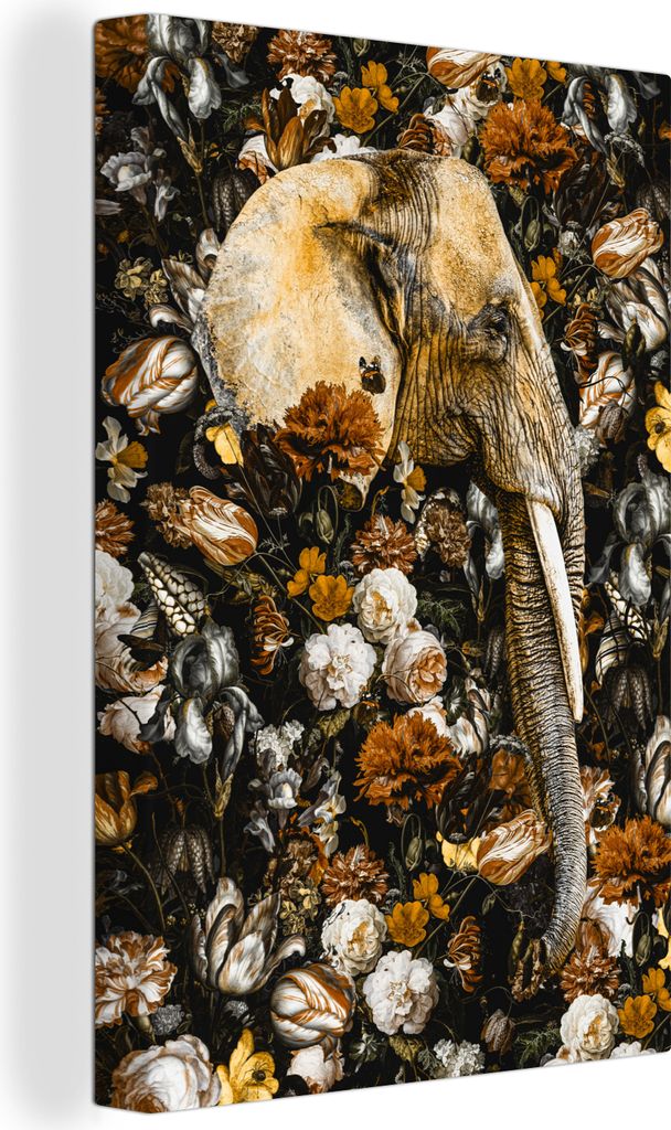 OneMillionCanvasses - Leinwandbilder - 90x140 cm, Elefant - Blumen - Braun, Wandbilder Kunstdruck Wanddekoration - Wandschmucke - Schlafzimmer