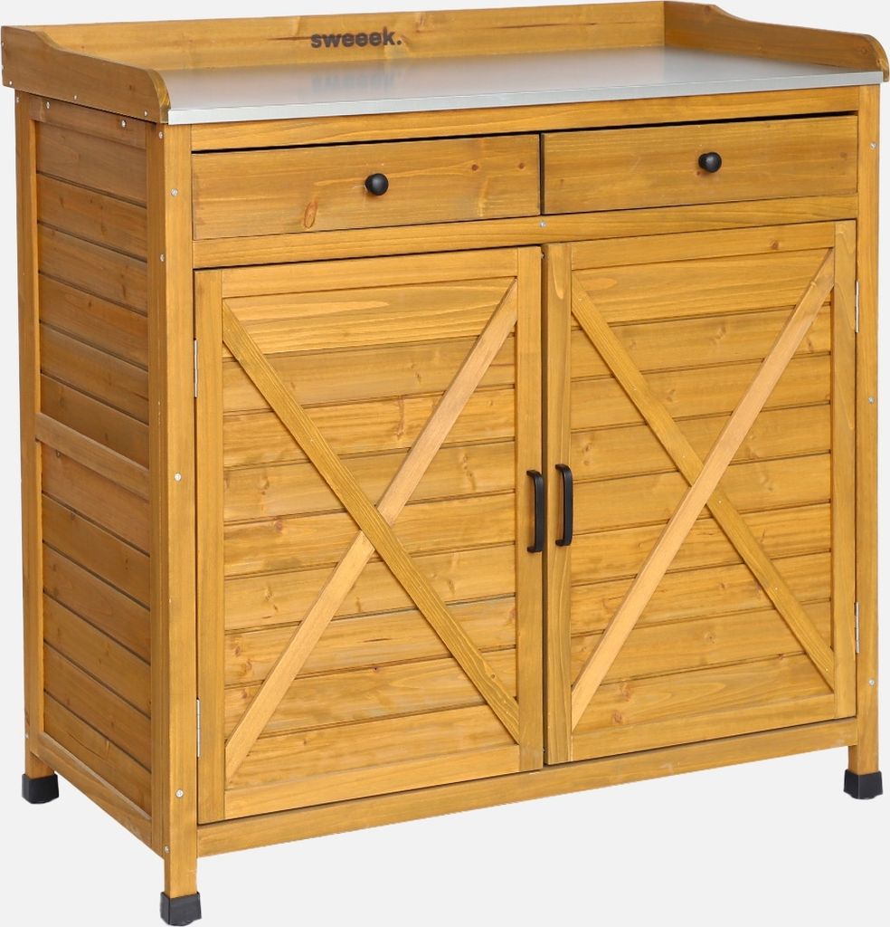 A wooden cabinet with a metal top, featuring two doors and two drawers.