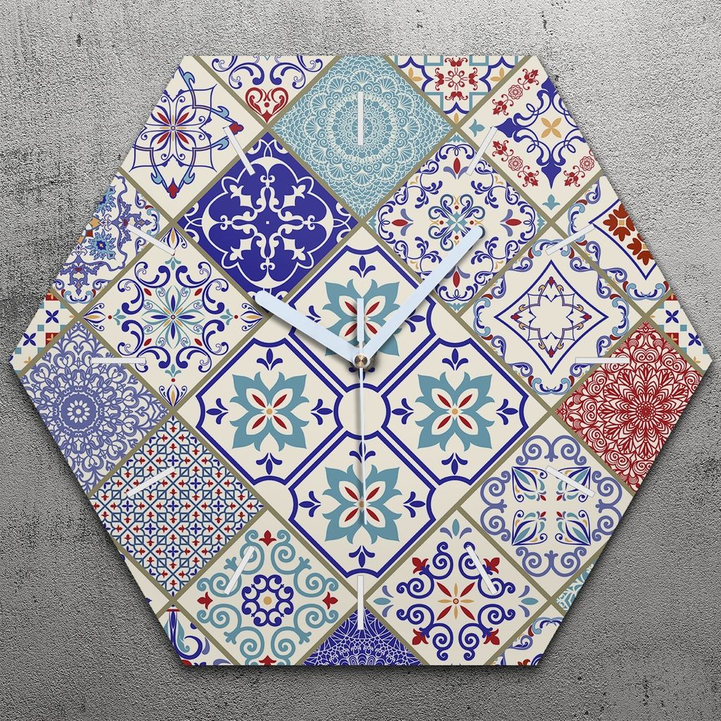 Uhr hexagonal 40 cm Glas Geräuschlos weiße Zeiger - Portugiesische Mosaiken