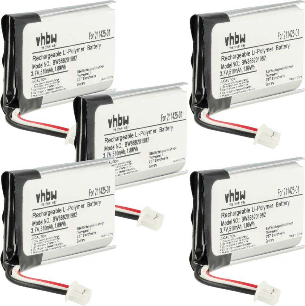 vhbw 5x Akku Ersatz für Plantronics 211425-01, 202555-01 für Wireless Headset Kopfhörer (510 mAh, 3,7 V, Li-Polymer)