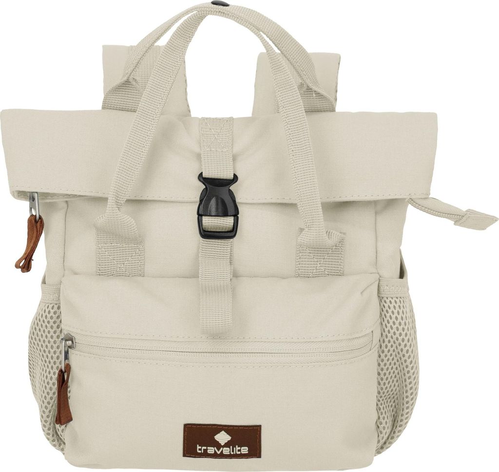A cream white mini backpack with a roll-top closure and a front zipper pocket.