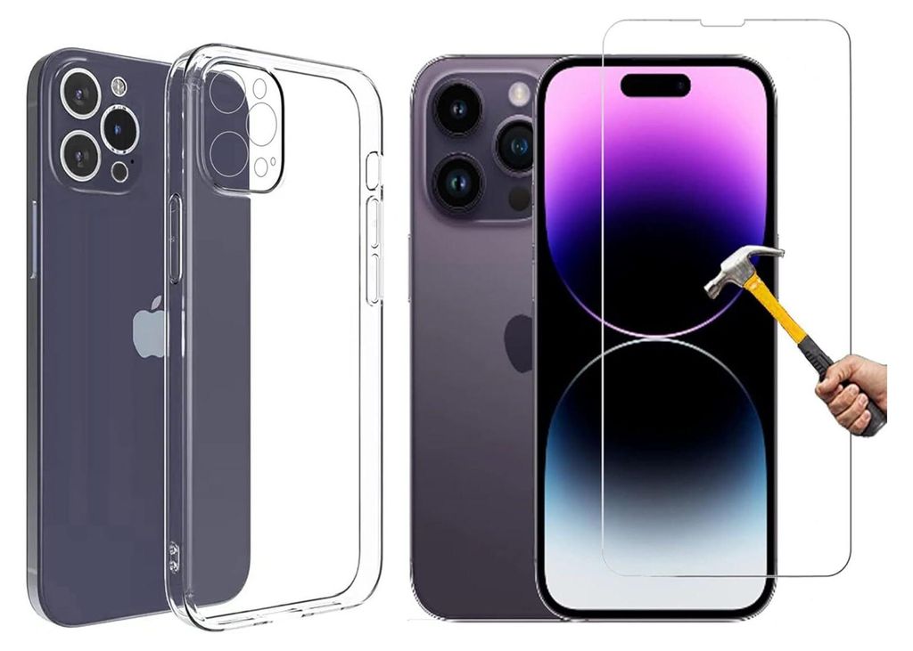 2in1 Schutz-Set kompatibel mit iphone 14 Pro Silikon Case und Panzerglas Schutzhülle TPU Hülle transparent Flexibel Cover Handyhülle Glasfolie 9...