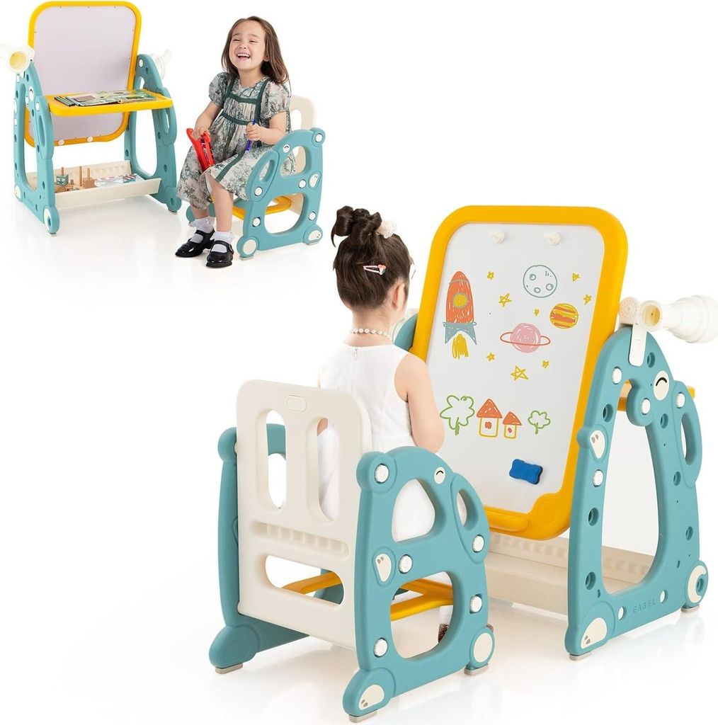 COSTWAY 2 in 1 Kinder Staffelei, Standtafel & Kindersitzgruppe mit 3-stufig verstellbarem Whiteboard, Kindertafel mit Malzubehör, Teleskop & Ring ...