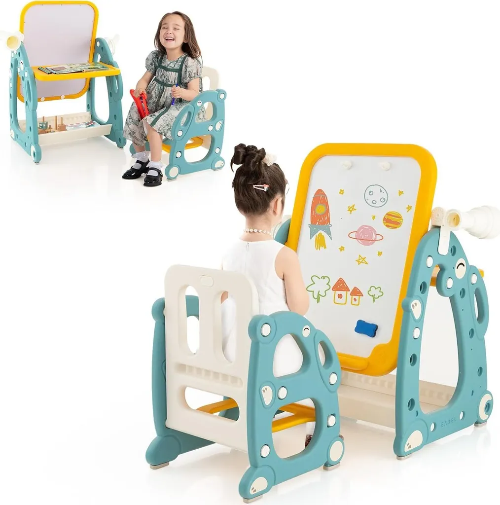 Chevalet pour enfants COSTWAY 2 en 1 avec tableau blanc et jeu d'anneaux