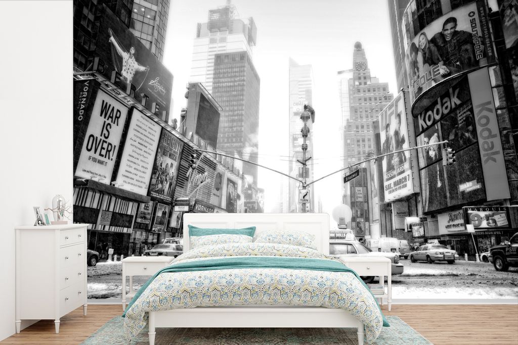 MuchoWow Fototapete für Wohnzimmer oder Schlafzimmer Wandtapete Vinyl Motivtapete New York - Auto - Taxi - Schwarz - Weiß - 330x220 cm - Fotota...