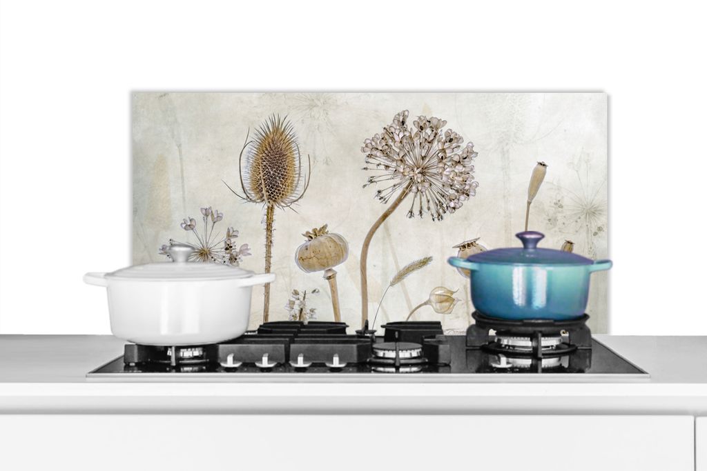 KitchenYeah Spritzschutz Küche - Küchenrückwand - Wandschutz für Herd und Spüle - Blumen - Aquarell - Stilleben - Braun - Vintage 90x45 - A...
