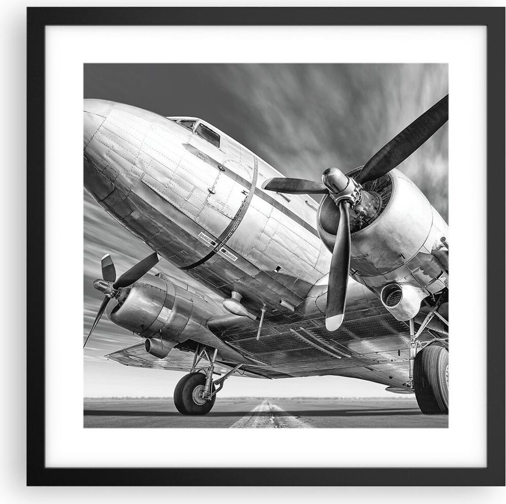 Gerahmtes Poster - Schwarzer Rahmen - Flugzeug Retro Flugzeug - 40x40 cm - Wand Bild - Wanddeko - Wandbilder - Kunstposter - Wandposter - Bilderrah...