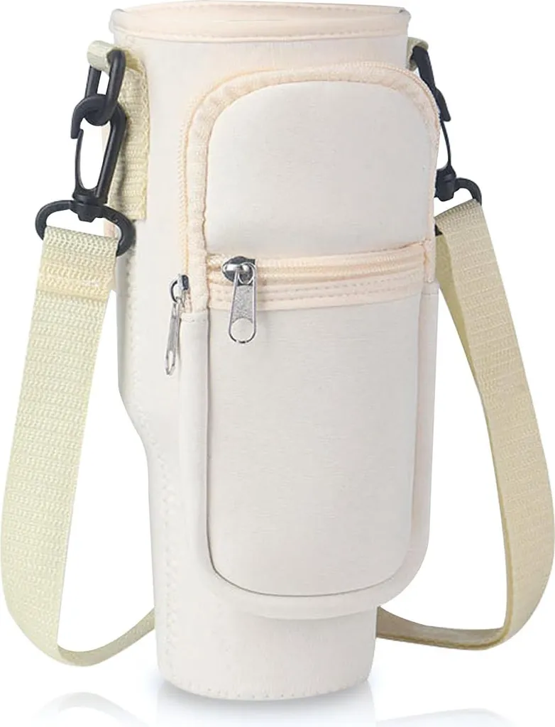 Porte-gobelet Stanley 1,1L beige avec bandoulière et poche smartphone chic