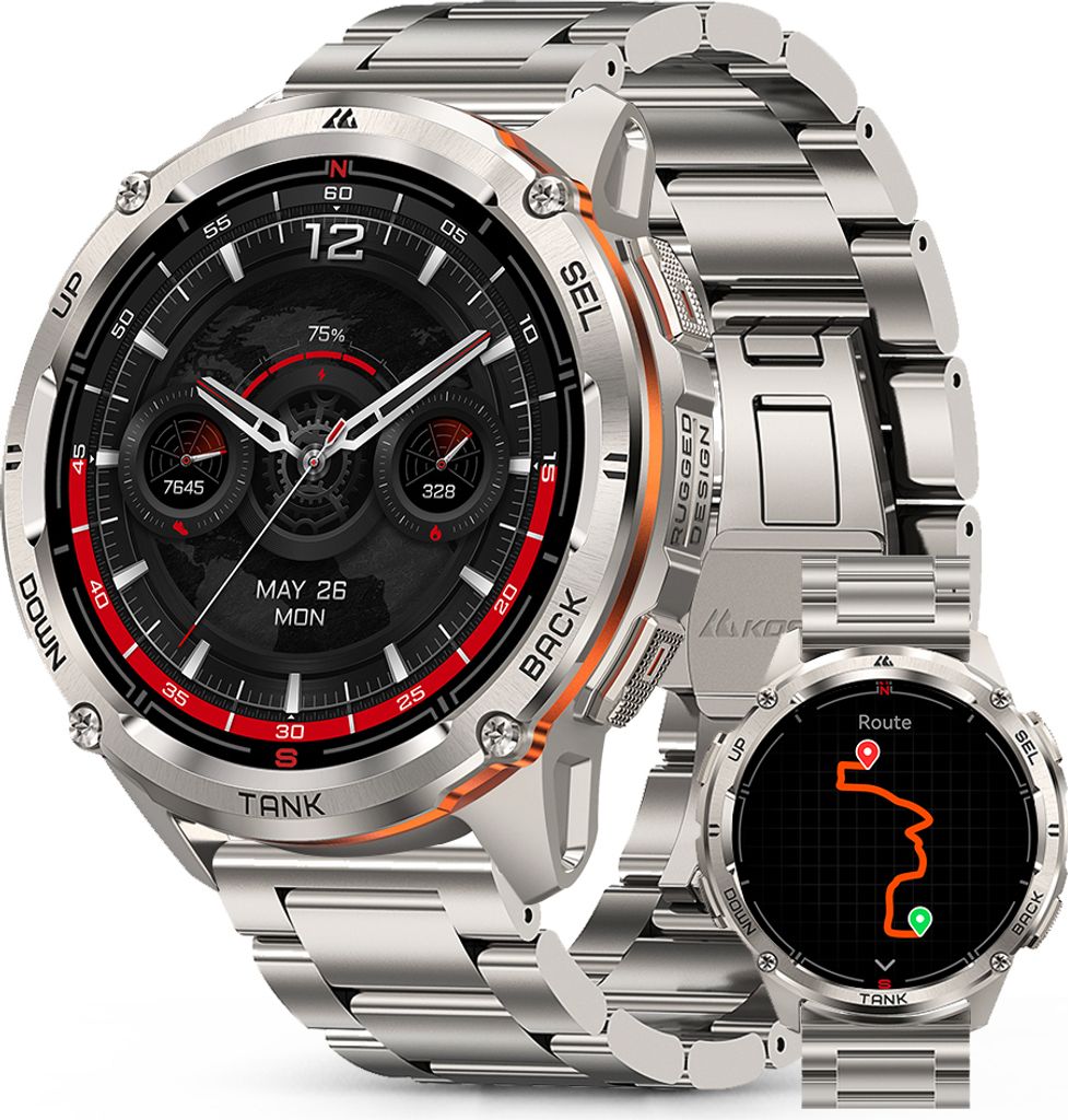 KOSPET TANK T3 Ultra 2 GPS Smartwatch Herren,Edelstahl Gehäuse, 5ATM Wasserdicht, 60+Tage Akkulaufzeit, Bluetooth anrufen,Fitnessuhr mit 1,43" A...