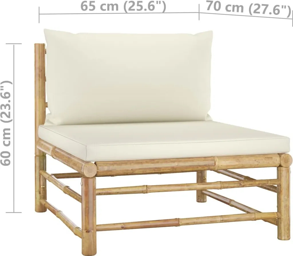 Ensemble lounge de jardin en bambou résistant et coussins blanc crème