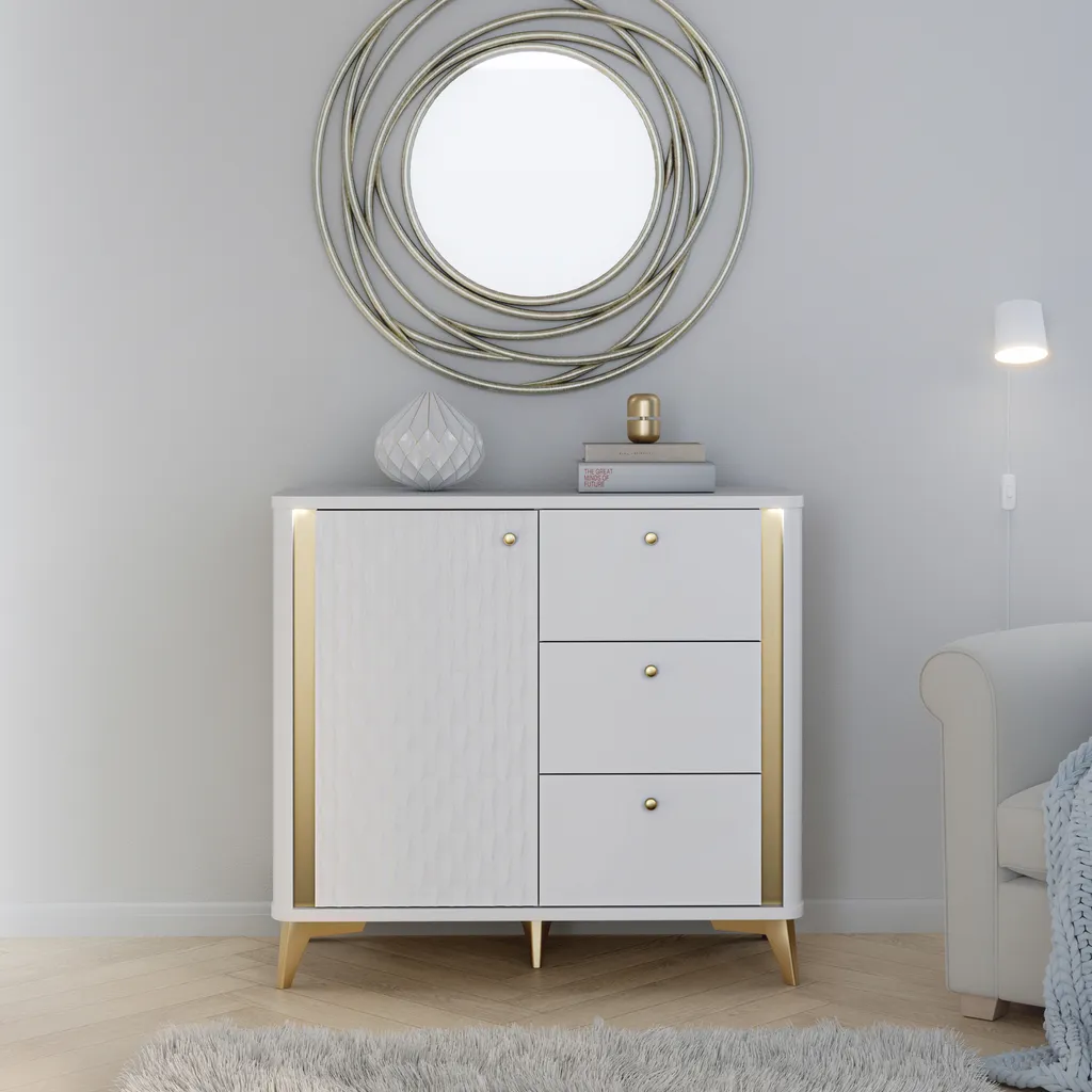 Commode de rangement blanche et dorée 3 tiroirs et porte 87cm haut - 5