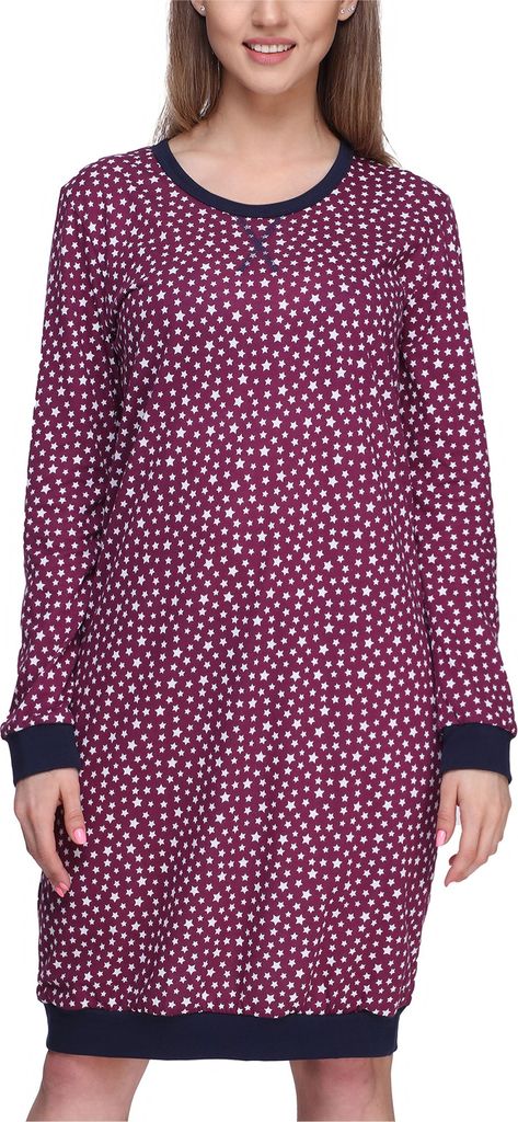 Merry Style Damen Nachthemd Langarm aus Baumwolle MS10-180 (Weinrot/Sterne, S)