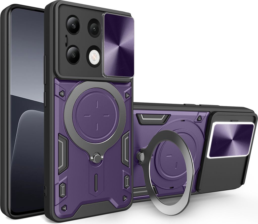 Handyhülle für Xiaomi Redmi Note 13 4G Dual-Layer Stoßfest Rüstung Hülle mit Dia Kameraschutz und Kreisförmig Ring Ständer Lila