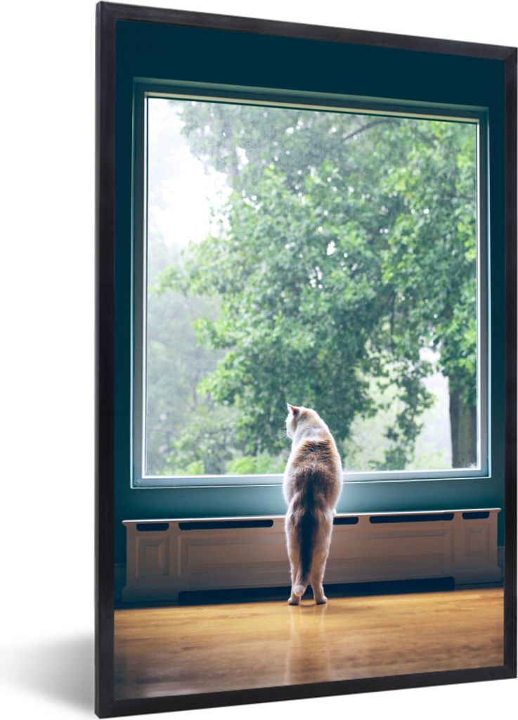MuchoWow MuchoWow Gerahmtes Poster Katze - Fenster - Pflanzen 40x60 cm - Poster mit zchwarzem Bilderrahmen - Papierdruck - Wandbilder