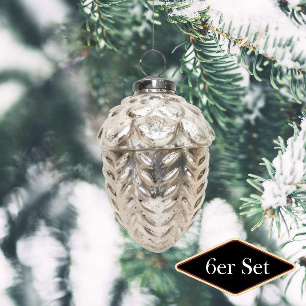 Premium Weihnachtskugel Zapfen, silbern patiniert, handgemacht in Indien, H.10cm