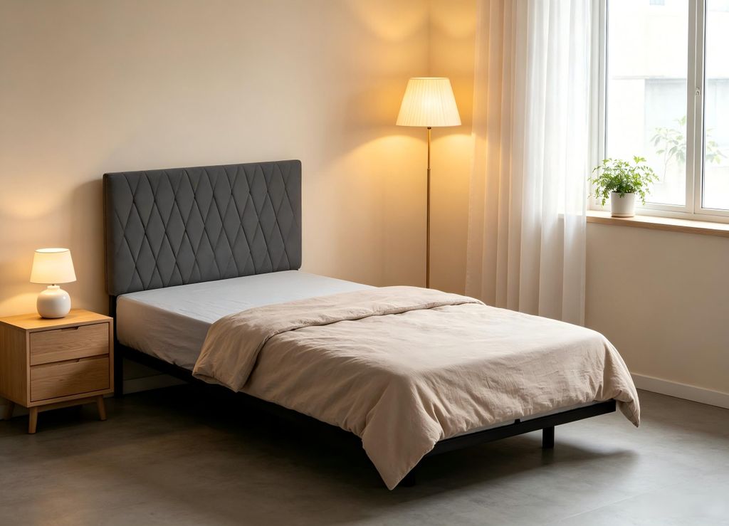 Bettgestell 90x200 Metallbett mit Schwebe-Optik, Einzelbett mit grauem Polsterkopfteil, Stabiler Stahlrahmen bis 160kg, Modernes Design