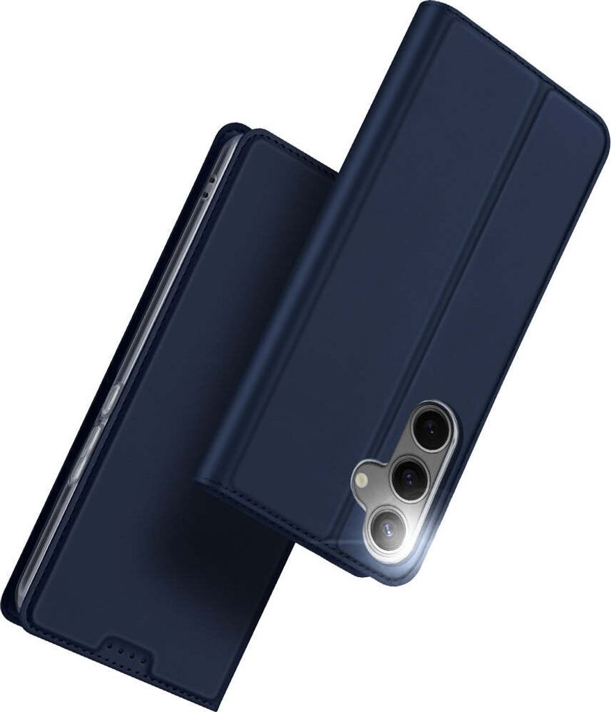A dark blue flip case for a smartphone is shown at a diagonal angle against a white background. The case is partially open, revealing the phone's camera module.