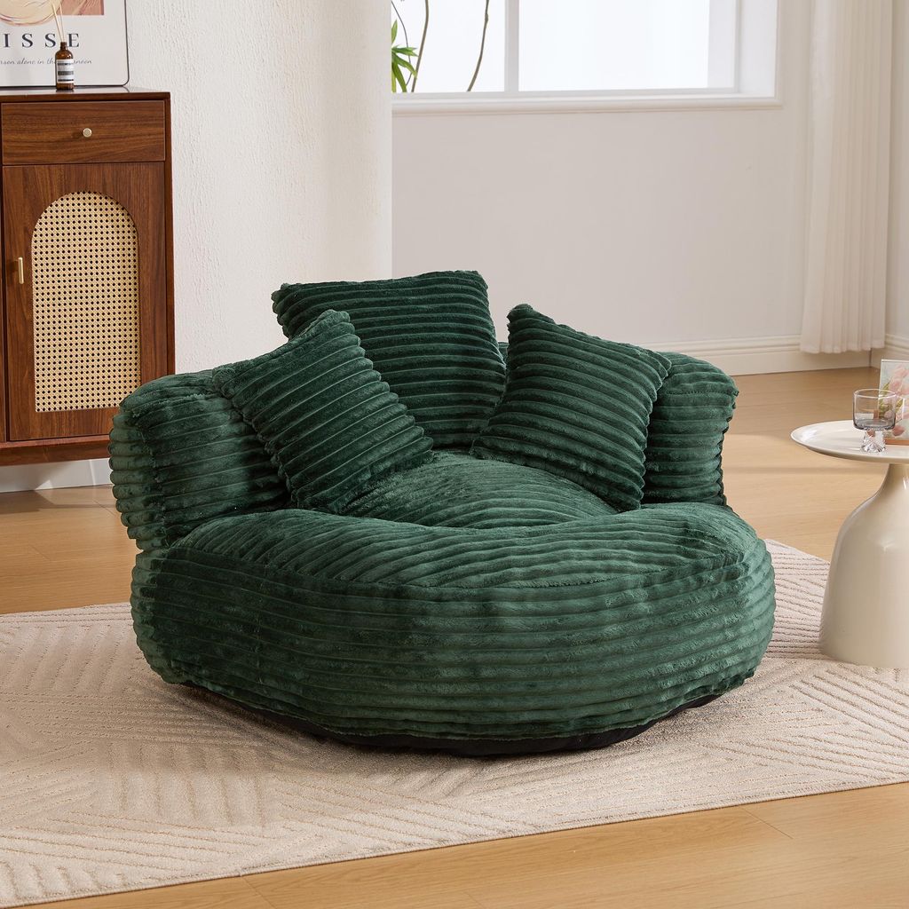 LVHOM Lazy Sofa mit 3 Kissen, Klassischer Sitzsack mit Füllung, Bean Bag mit Sitzpuff, Cordstoff Kuschelstuhl Sitzsäcke, Chaiselounge, Grün