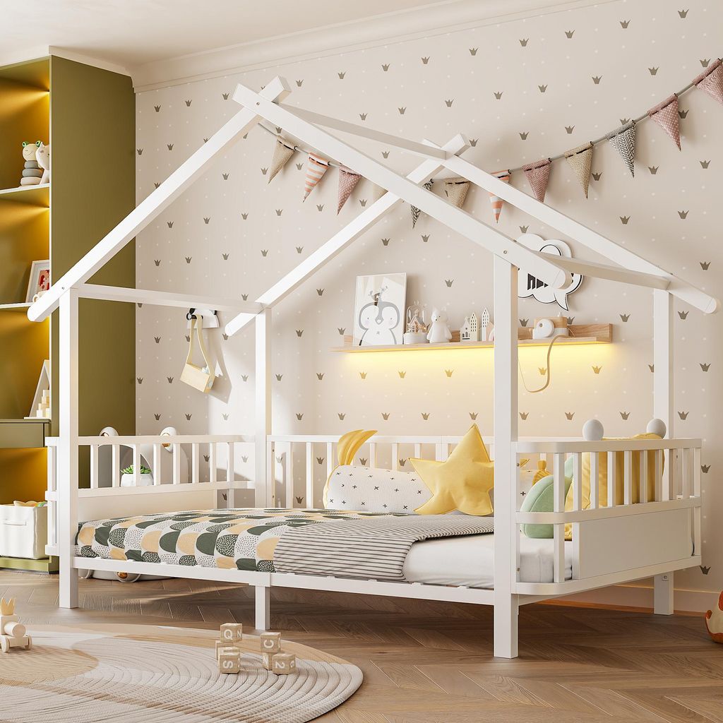 Merax Hausbett aus Metall 90x200cm, Jugendbett mit Produktbild 