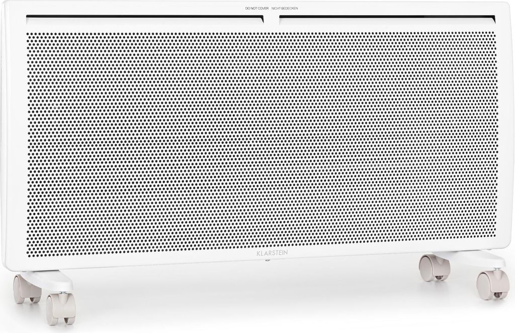 A white electric heater with a perforated front panel and wheels is shown against a white background.
