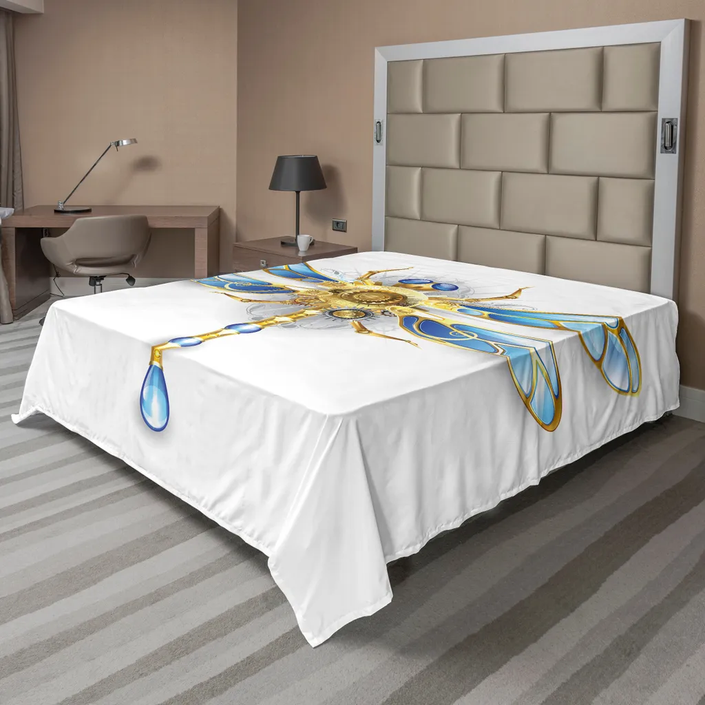 ABAKUHAUS Lenzuolo Libellula, primo piano della libellula meccanica con occhi sfaccettati e stampa del corpo, lenzuolo morbido e confortevole per un letto decorativo 1 pezzo 266 cm x 260 cm, giallo / blu
