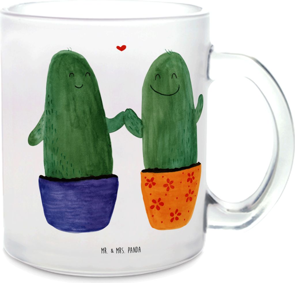 Mr. & Mrs. Panda Teeglas Kaktus Liebe - Transparent - Geschenk, Love, Kakteen, Häferl, glastasse, Hochzeit, Pärchen, Teetasse aus Glas, Pott, Str...