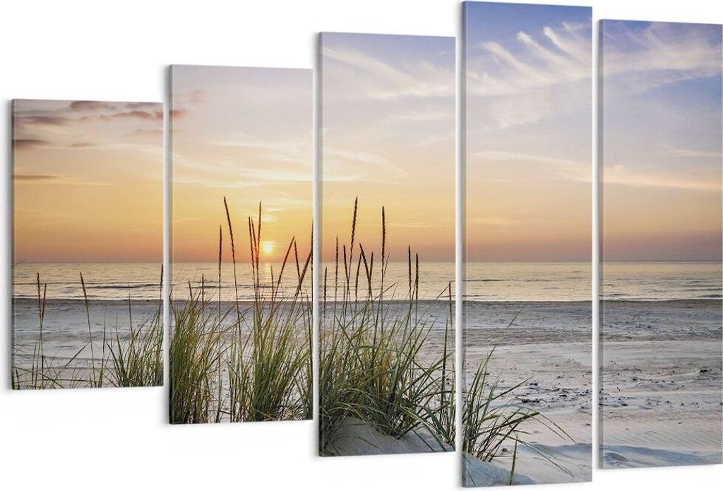 Bild auf Leinwand - Leinwandbild - 5 Teile - Westen Sonne Strand - 150x100cm - Wand Bild - Wanddeko - Wandbilder - Leinwanddruck - Bilder - Wanddek...