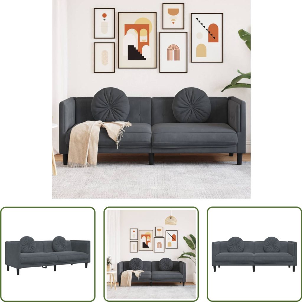 The Living Store Sofa mit Kissen 3-Sitzer Dunkelgrau Samt