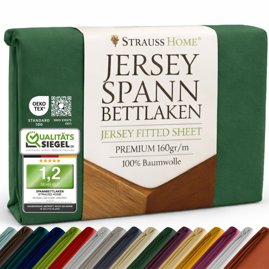 Strauss Home Premium Spannbettlaken – 160 g/m² Gekämmte Baumwolle – Jersey in Hotelqualität – Formstabil & Langlebig – Rundumgummi –...