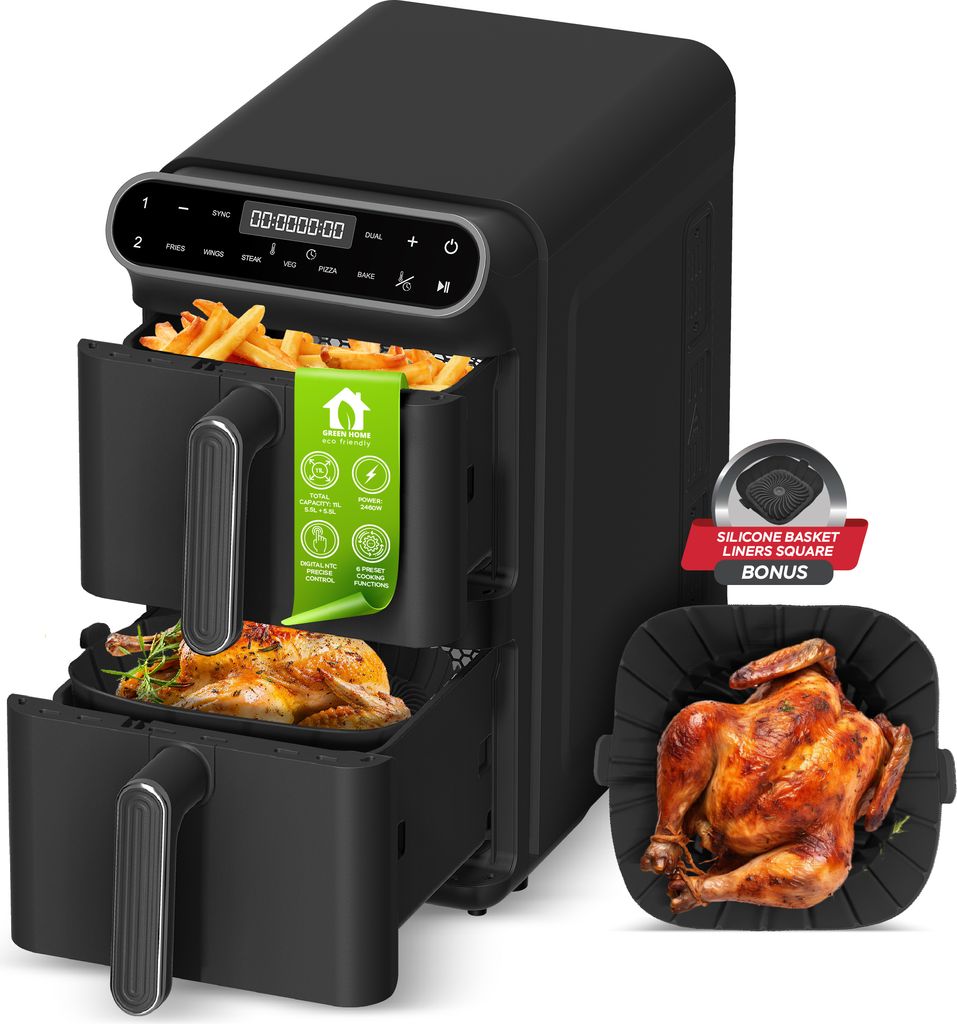 A black dual-chamber air fryer with food inside, along with a bonus silicone liner and a cooked chicken.