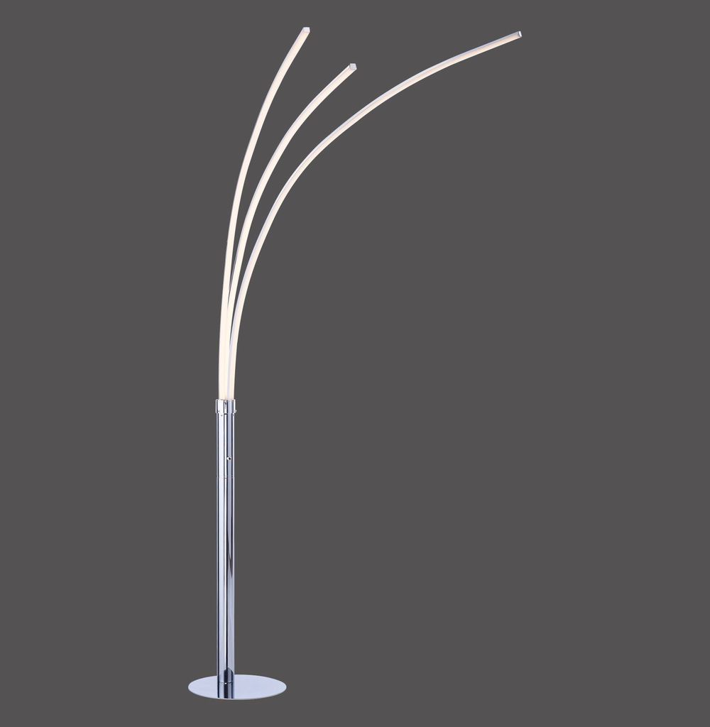 A modern chrome floor lamp with three curved LED light sources against a plain gray background.