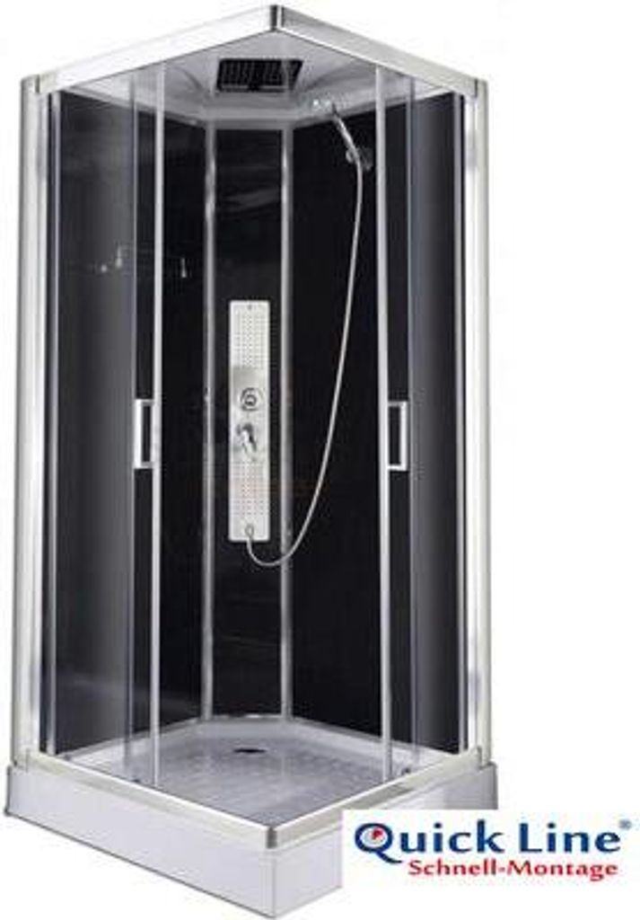 A modern shower cabin with black glass panels and a silver frame.
