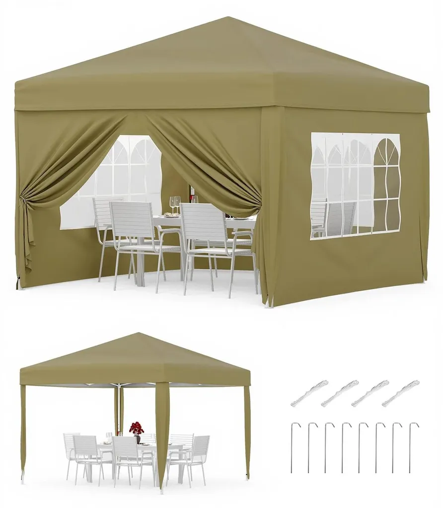 Tente pliante 3x3m avec 4 parois en tissu Oxford 420D kaki - Modèle K30