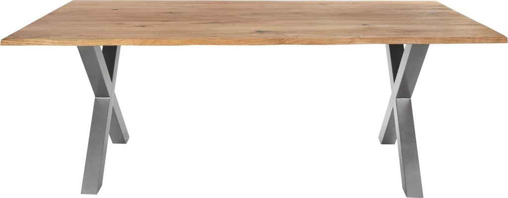 Esstisch 200 x 100 cm Enrico, Eiche Rustik, massiv + geölt, Baumkantentisch mit silbernem X-Gestell aus Metall, pflegeleichter Esszimmertisch, Tis...